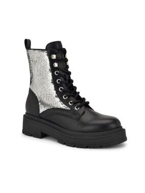 Nine West Hediy Womens Combat Boots Black Synthetic & Silver Sequin Size 8 NEW